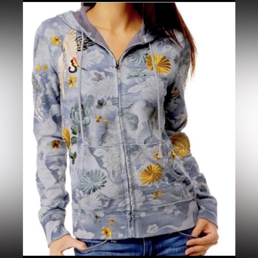 Lucky Brand Y2K Sweatshirt Hoodie Small Asian Floral embroidered Swan Turtle